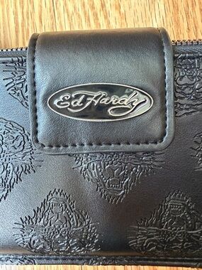 Ed Hardy Black Embossed Tiger Logo Wallet